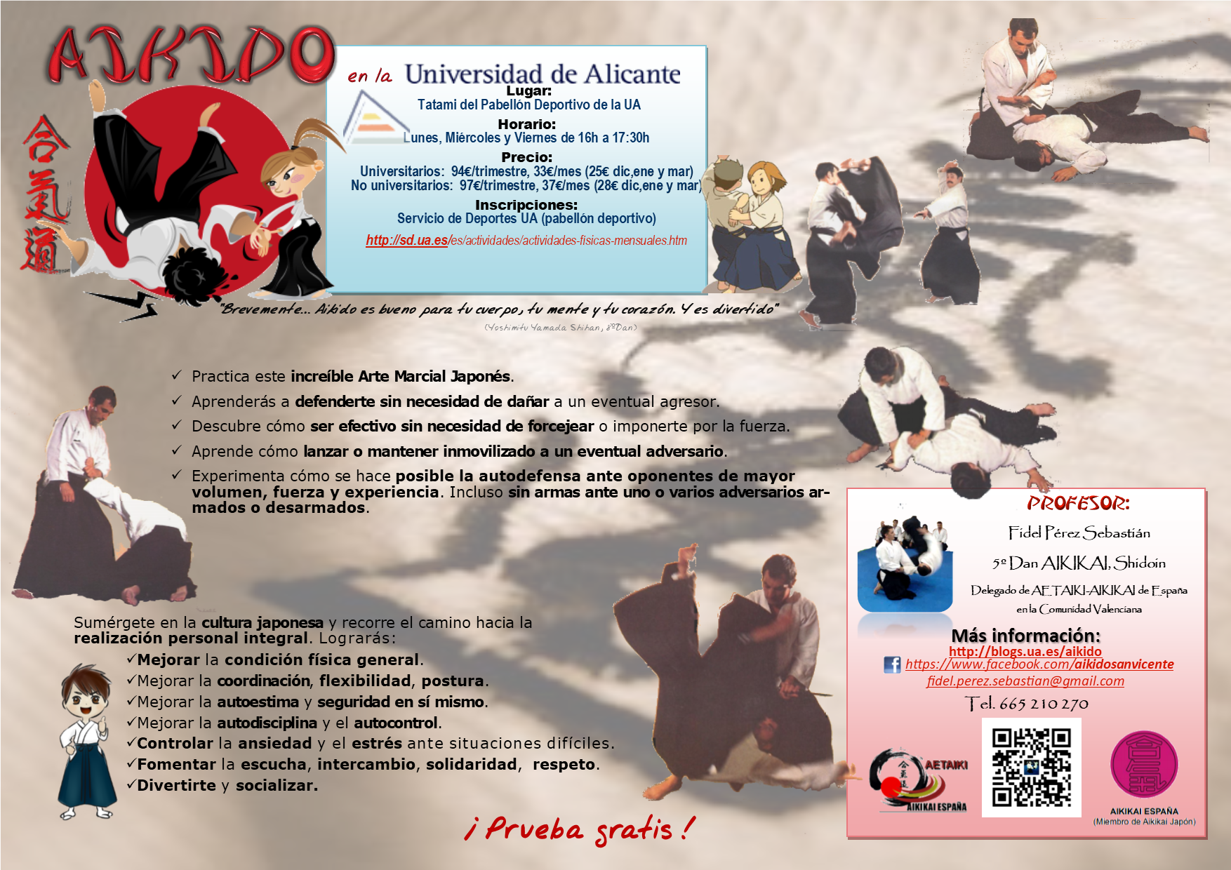 Cartel de divulgación de la actividad Aikido en la Universidad de Alicante y en la sede 