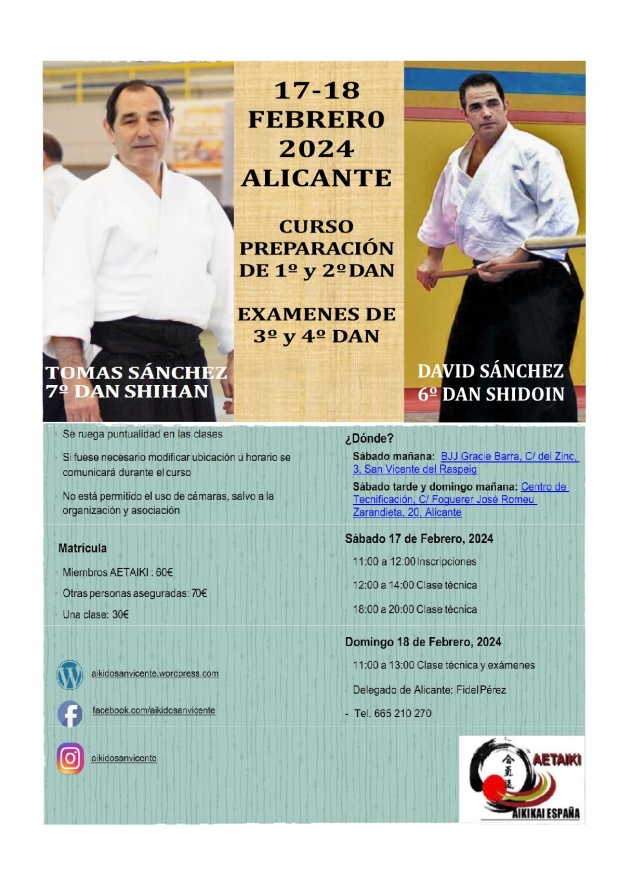 Curso Nacional de Aikido en Alicante. Tomás Sánchez (7ºDan Aikikai y Shihan) y David Sánchez (6ºDan Aikikai, Shidoin, responsable de la Comisión de Enseñanza). 17 y 18 de febrero de 2024